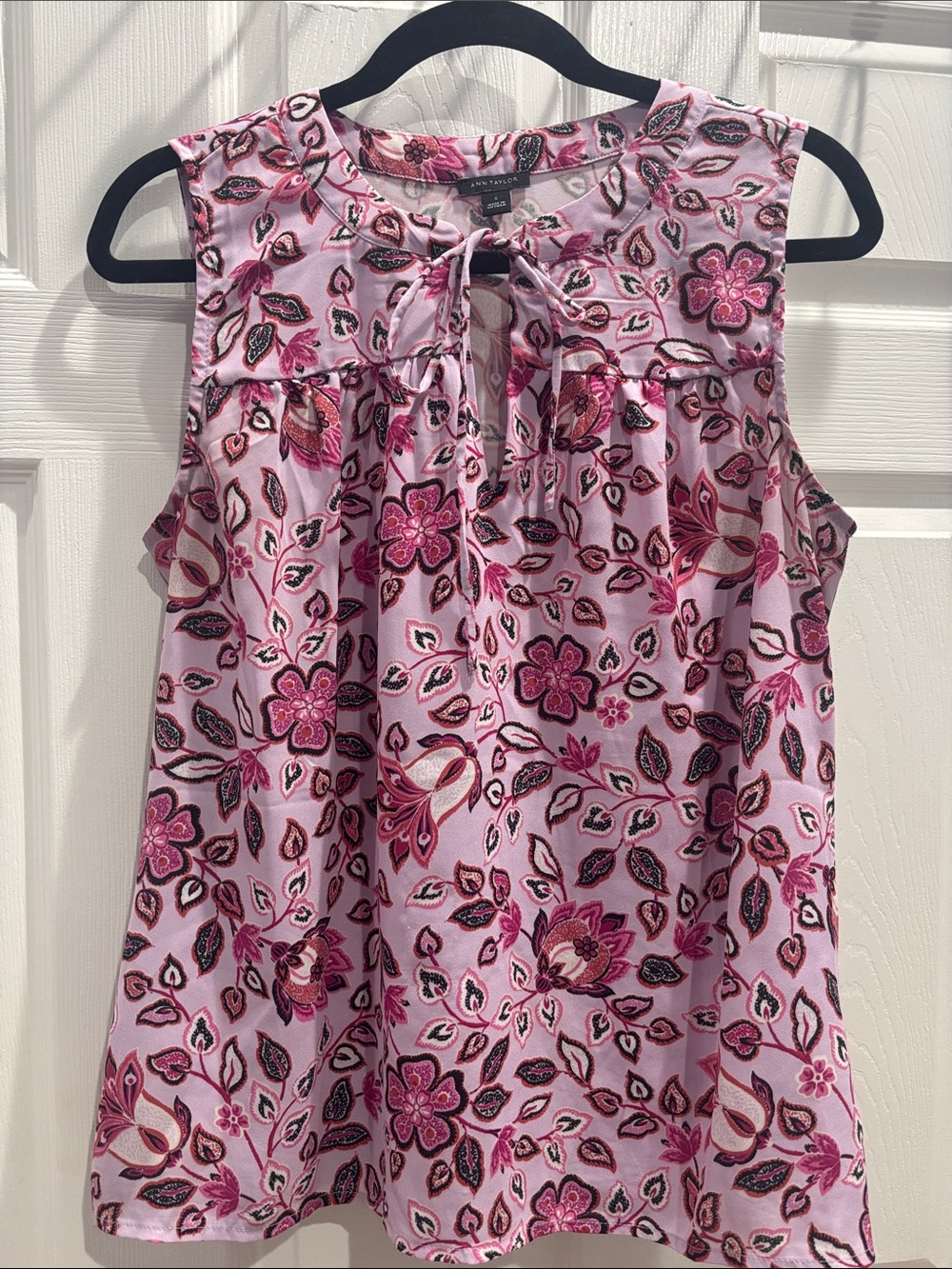 Ann Taylor Pink Floral Tie-Neck Sleeveless Blouse